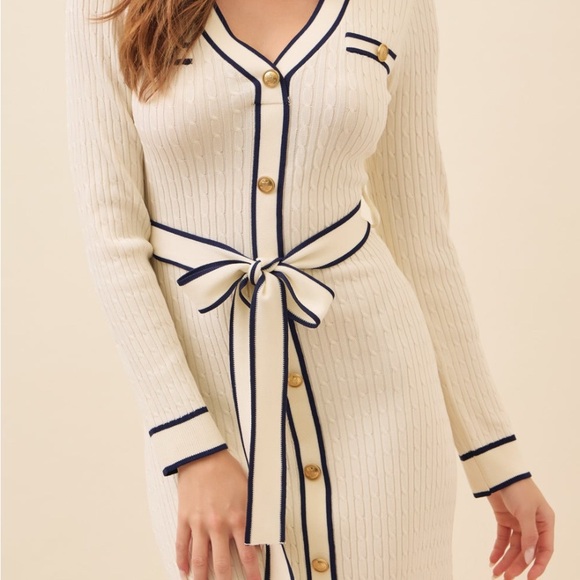 Pointelle Knit V-Neck Midi Ivory Dress - Picture 5 of 16